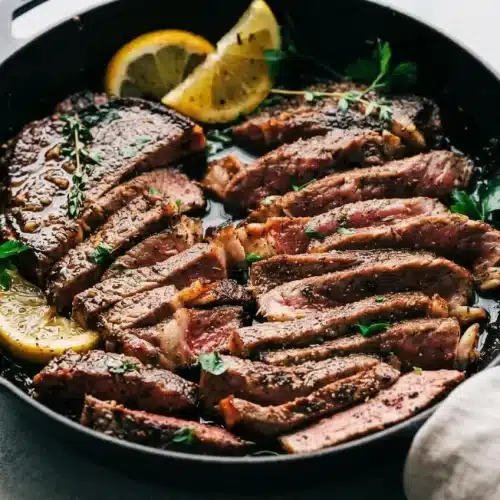 Juicy cooked beef with a deeply browned crust prepared with savory garlic herb steak marinade.