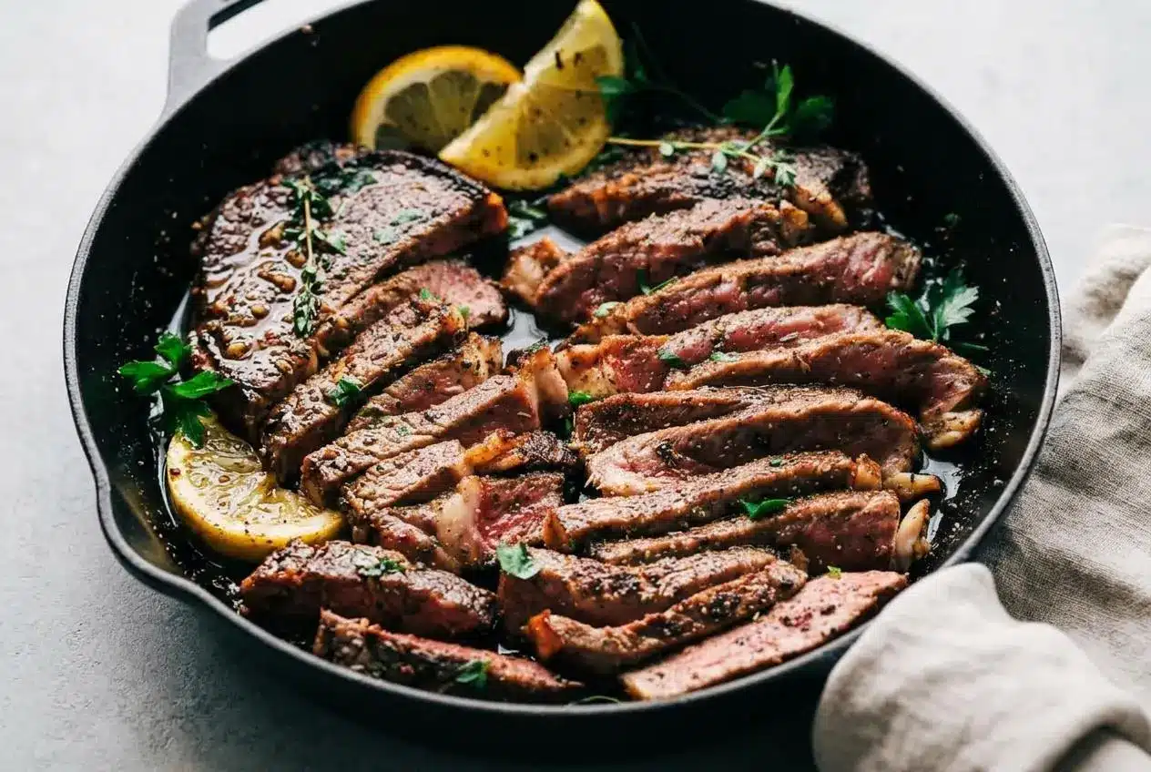 Juicy cooked beef with a deeply browned crust prepared with savory garlic herb steak marinade.