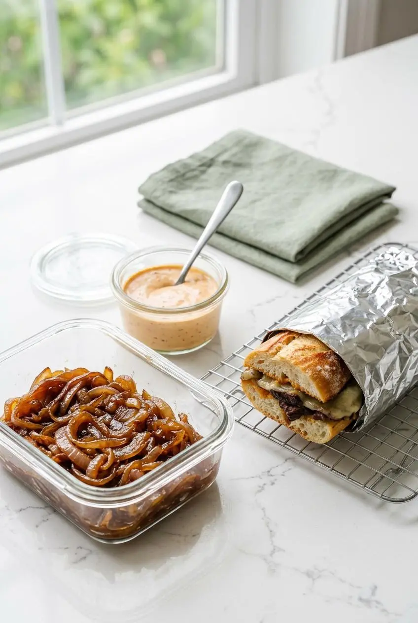 Meal prep containers with caramelized onions, chipotle mayo, and a foil-wrapped steak sandwich on a wire rack.