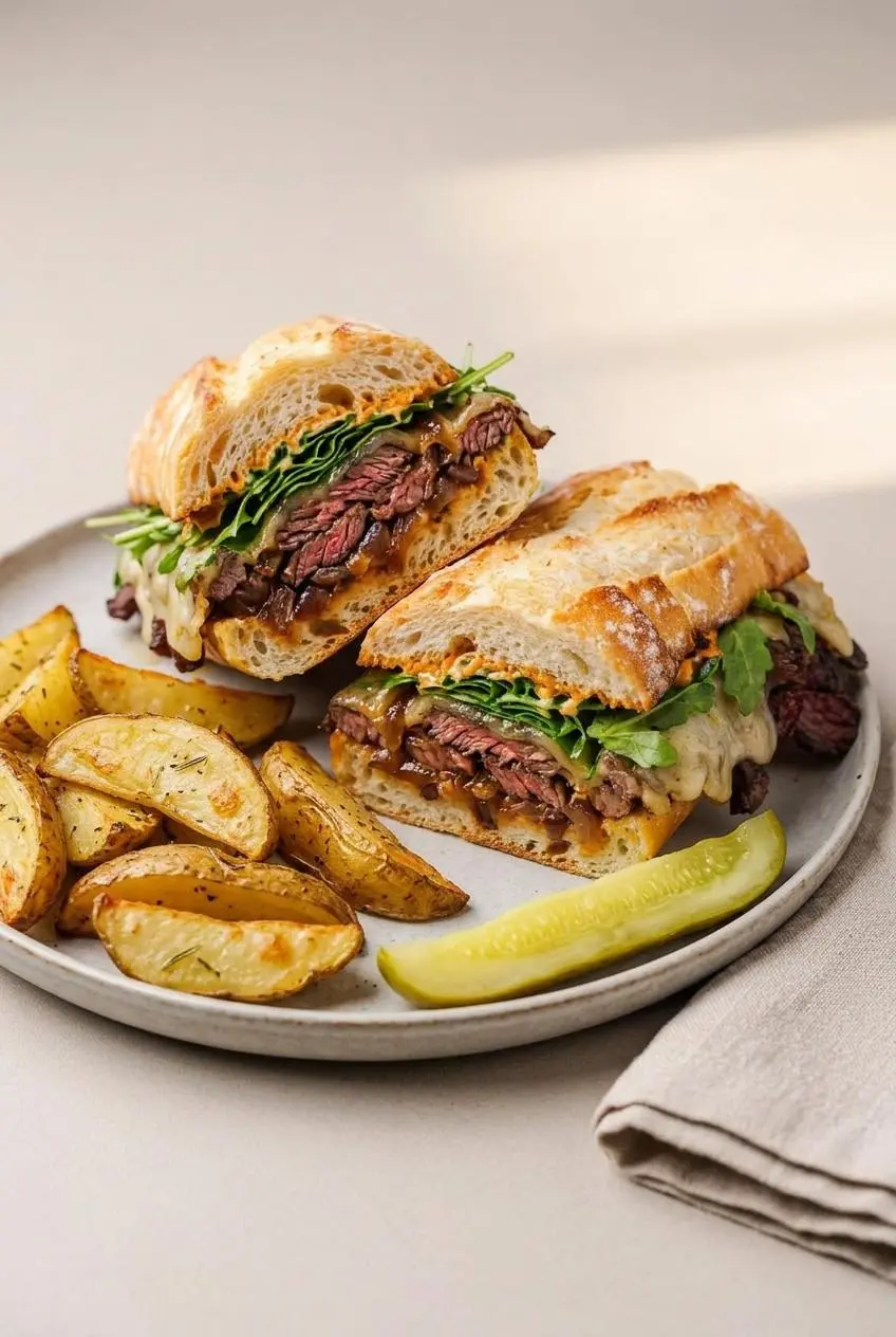Halved steak sandwich on a platter served with roasted rosemary potato wedges and a crisp dill pickle spear.