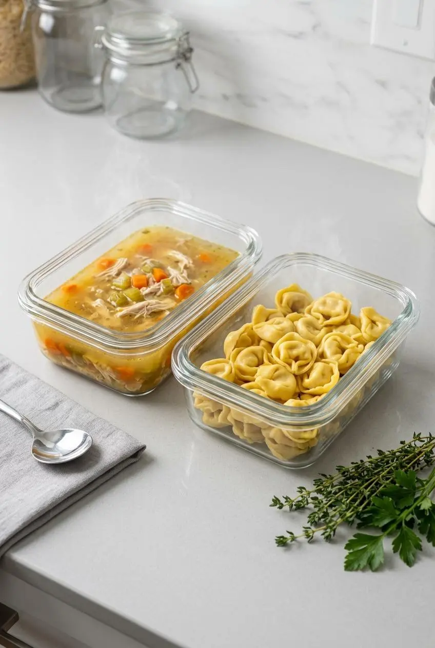 Glass meal prep containers separating cooked tortellini from chicken vegetable soup broth for storage.