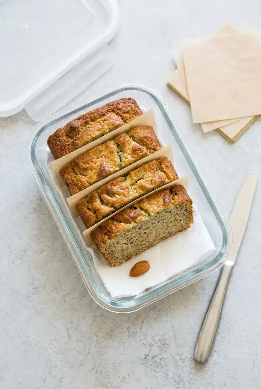 Slices of almond flour banana bread stored in a glass container lined with a dry paper towel.