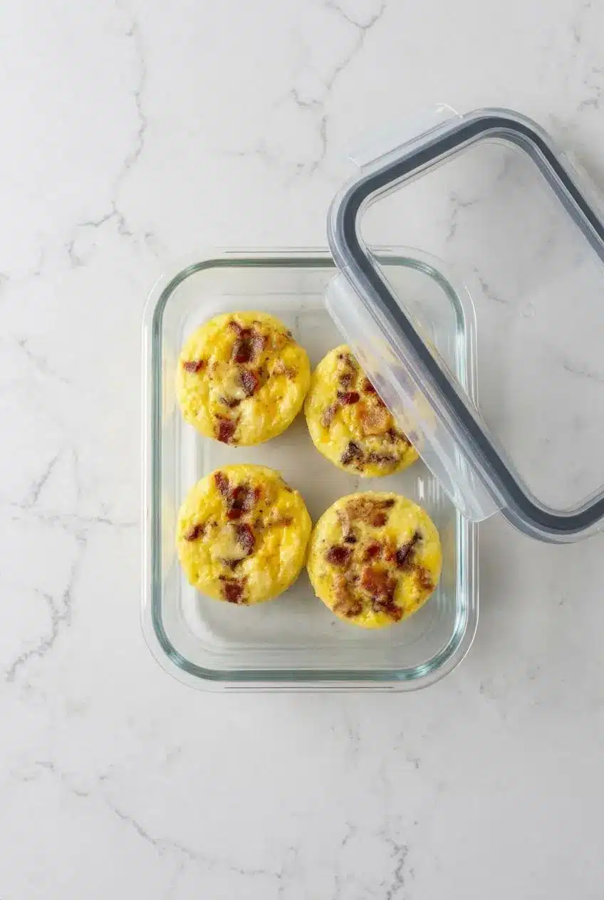 Four cooled bacon and Gruyere egg bites neatly stored in a clear glass meal prep container.