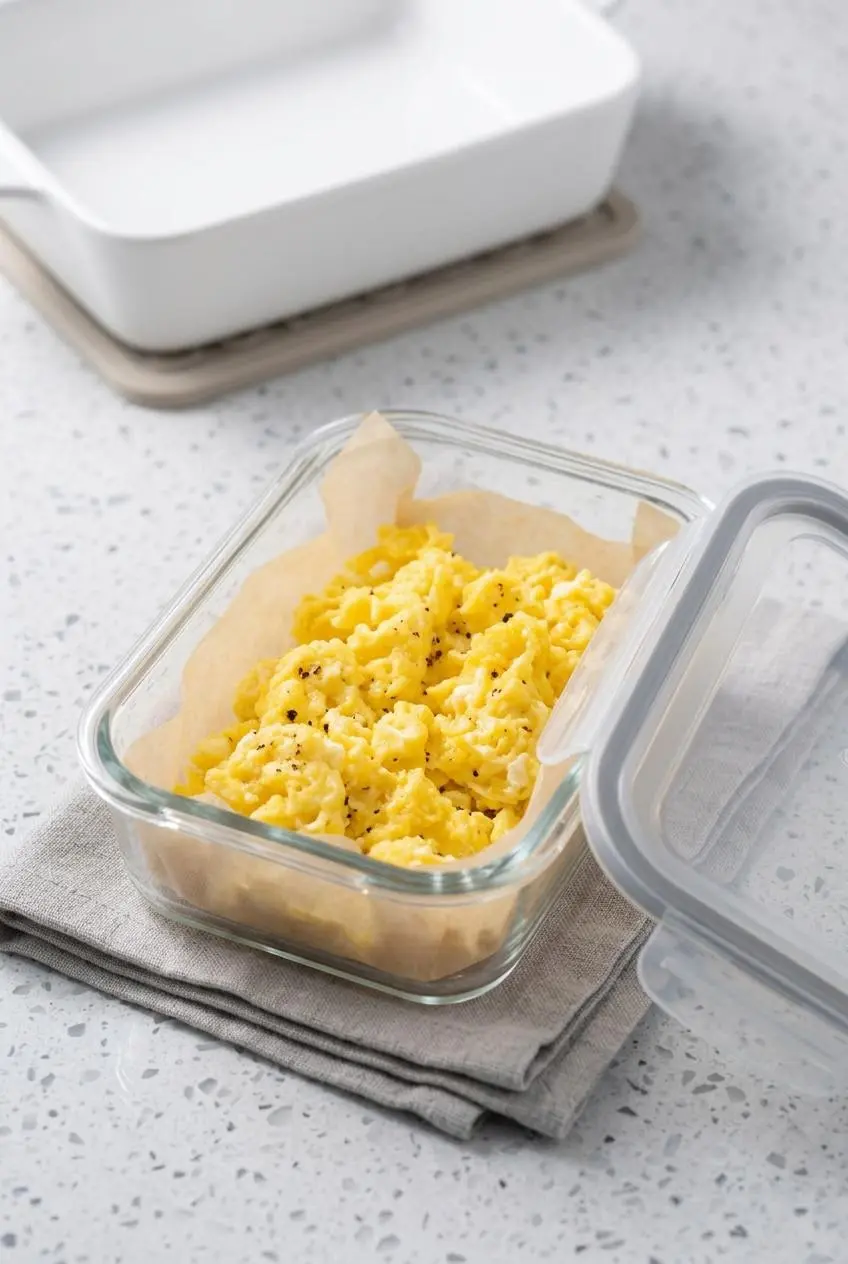 Chilled baked scrambled egg portions stored in a glass meal prep container with parchment.
