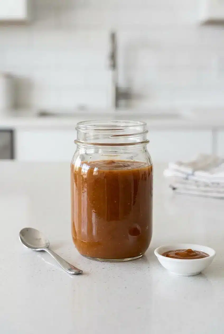 Clear glass jar filled with cooled banana ketchup beside a stainless steel spoon on a quartz counter.