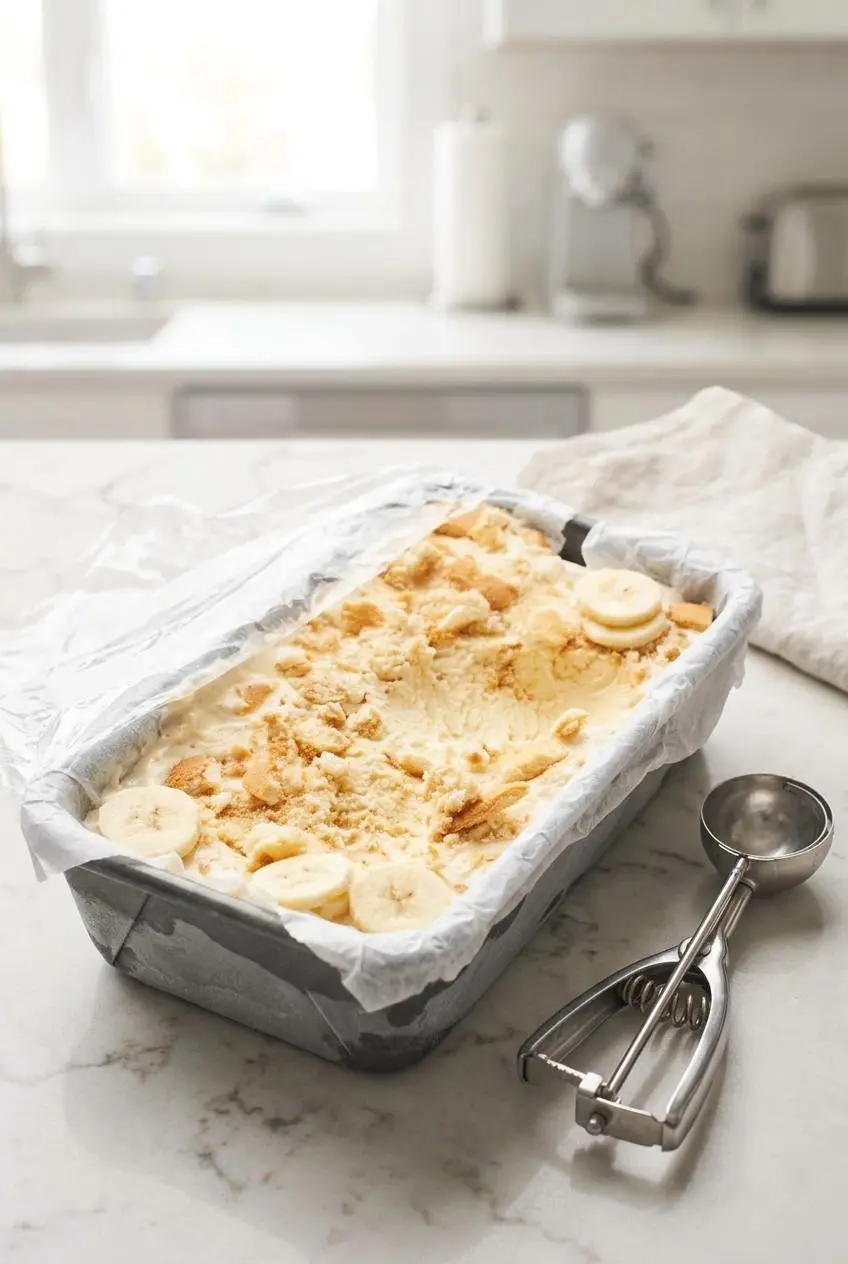 Metal loaf pan of banana pudding ice cream with plastic wrap pulled back beside a trigger ice cream scoop.