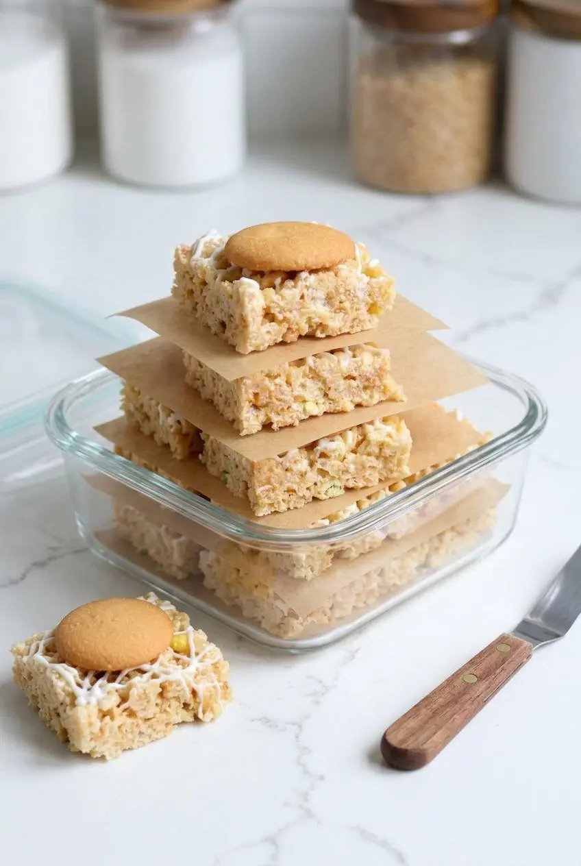 Cut cereal treat squares stacked in a glass storage container separated by sheets of wax paper.