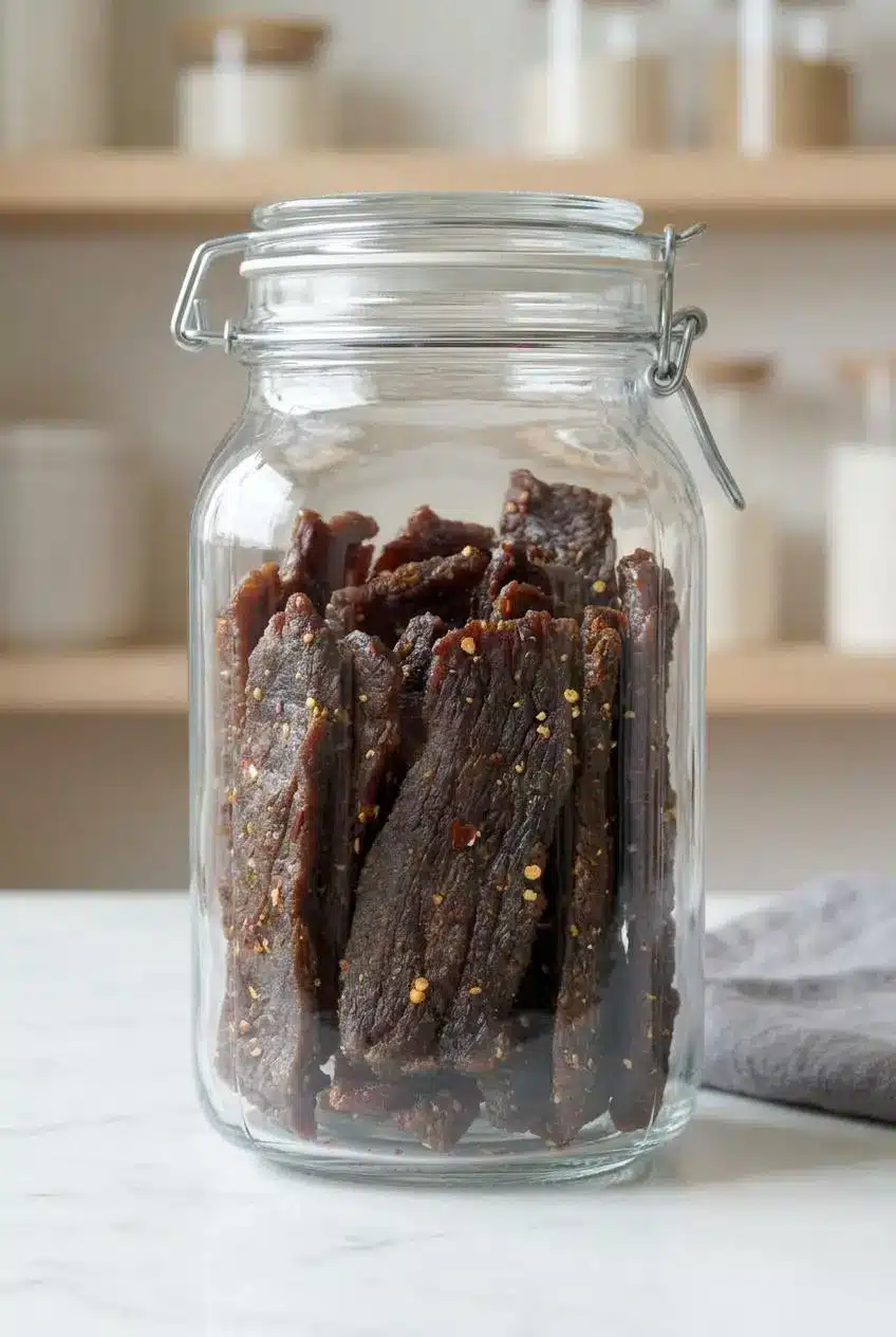 Clear airtight glass jar packed with completely cooled homemade beef jerky on a kitchen counter.