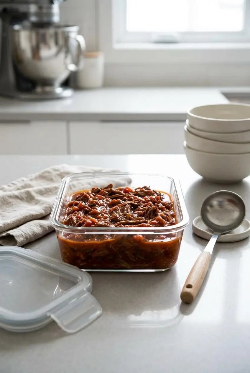 Thick beef ragu cooled and portioned into a clear glass airtight storage container on a kitchen counter.