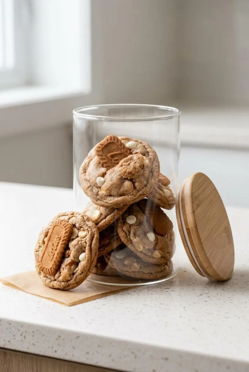 Cooled Biscoff cookies stored neatly in an airtight glass canister on a bright kitchen counter.