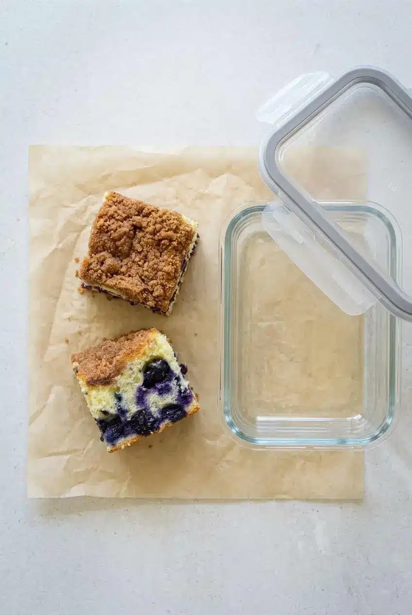 Slices of blueberry coffee cake on parchment paper next to a glass storage container.