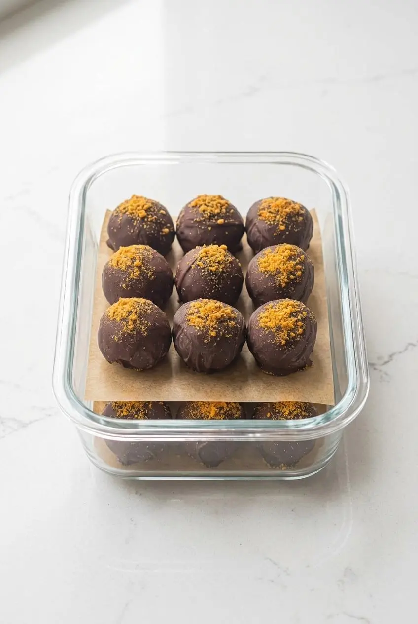 Chilled peanut butter balls layered between sheets of parchment paper inside a glass container.