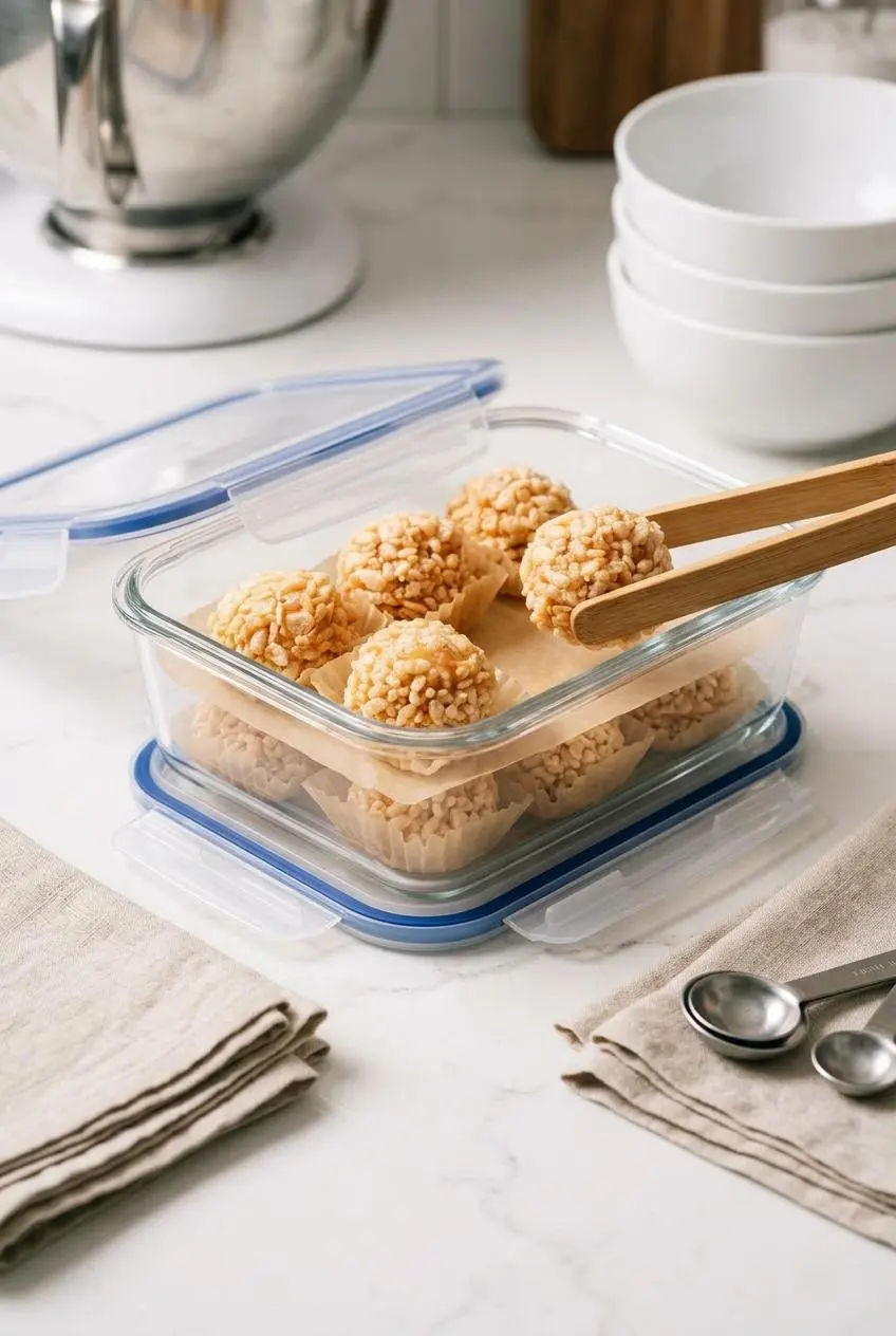 Glass storage container holding layers of caramel marshmallow balls separated by parchment paper.