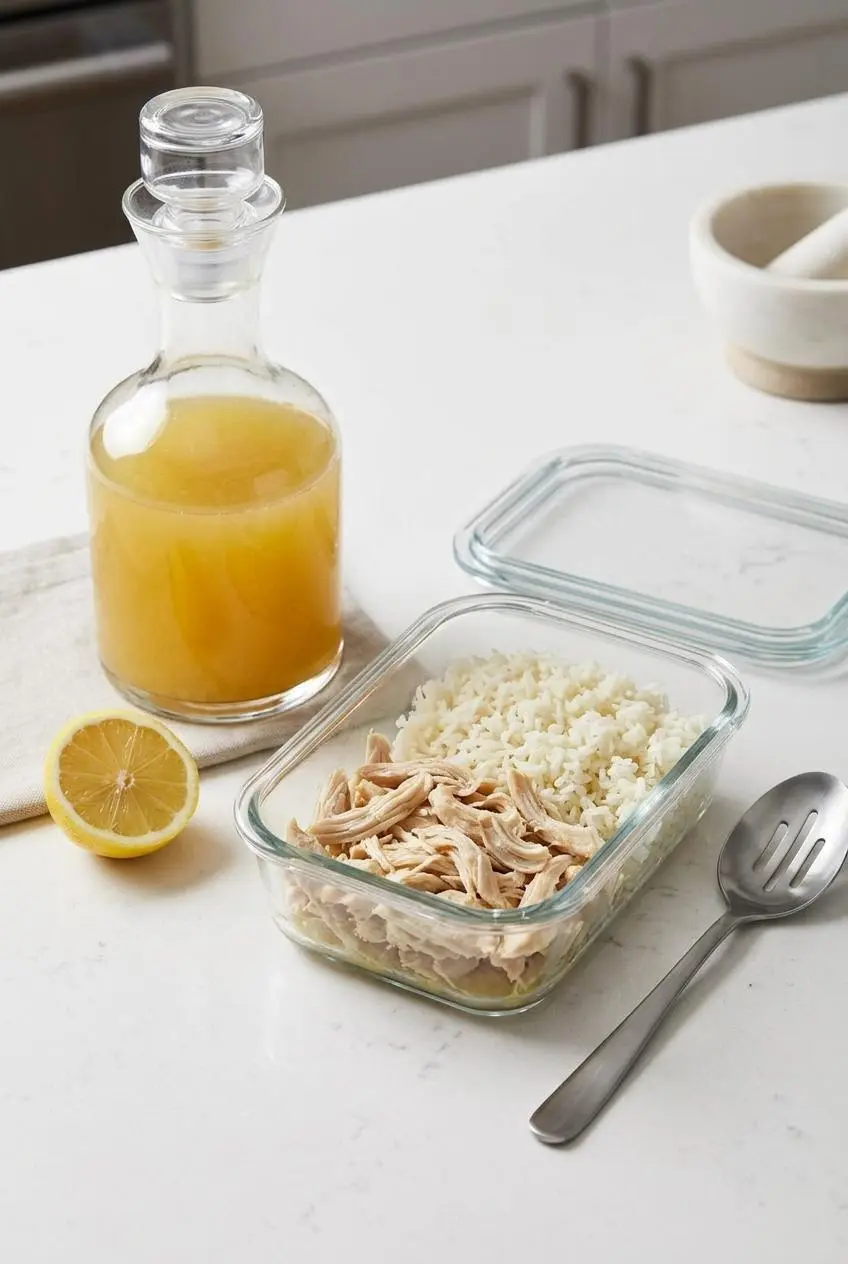 Cooked chicken and jasmine rice stored in a glass container next to a carafe of clear broth.