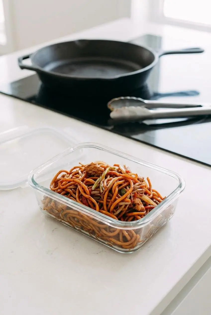 Cooked chicken lo mein stored in a clear glass meal prep container on a quartz kitchen counter.