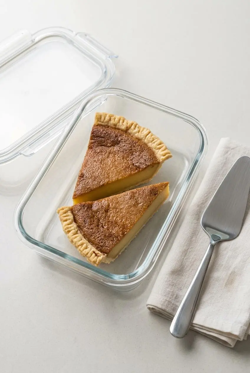 Two clean slices of cold egg pie neatly stored inside a rectangular glass food container.
