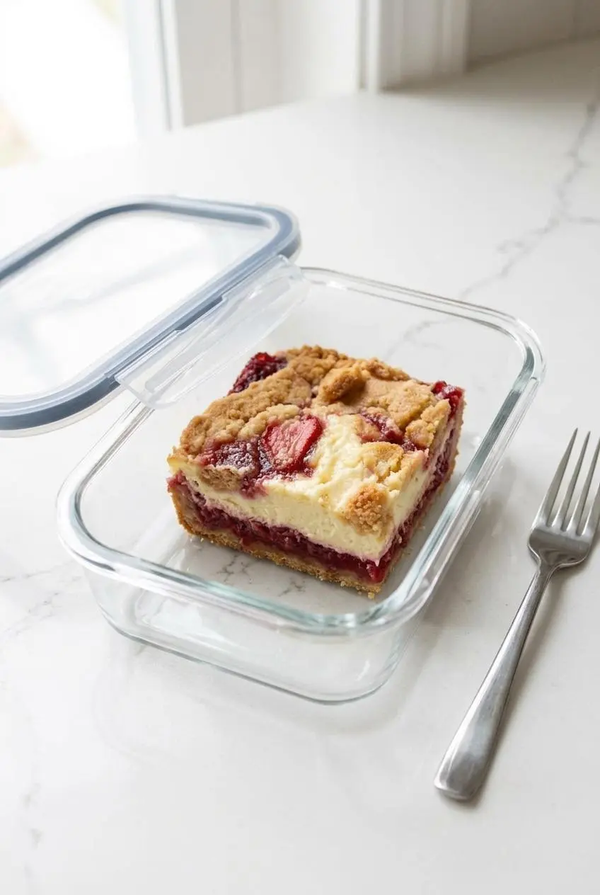 Chilled square slice of strawberry cheesecake dump cake inside a glass storage container on a counter.