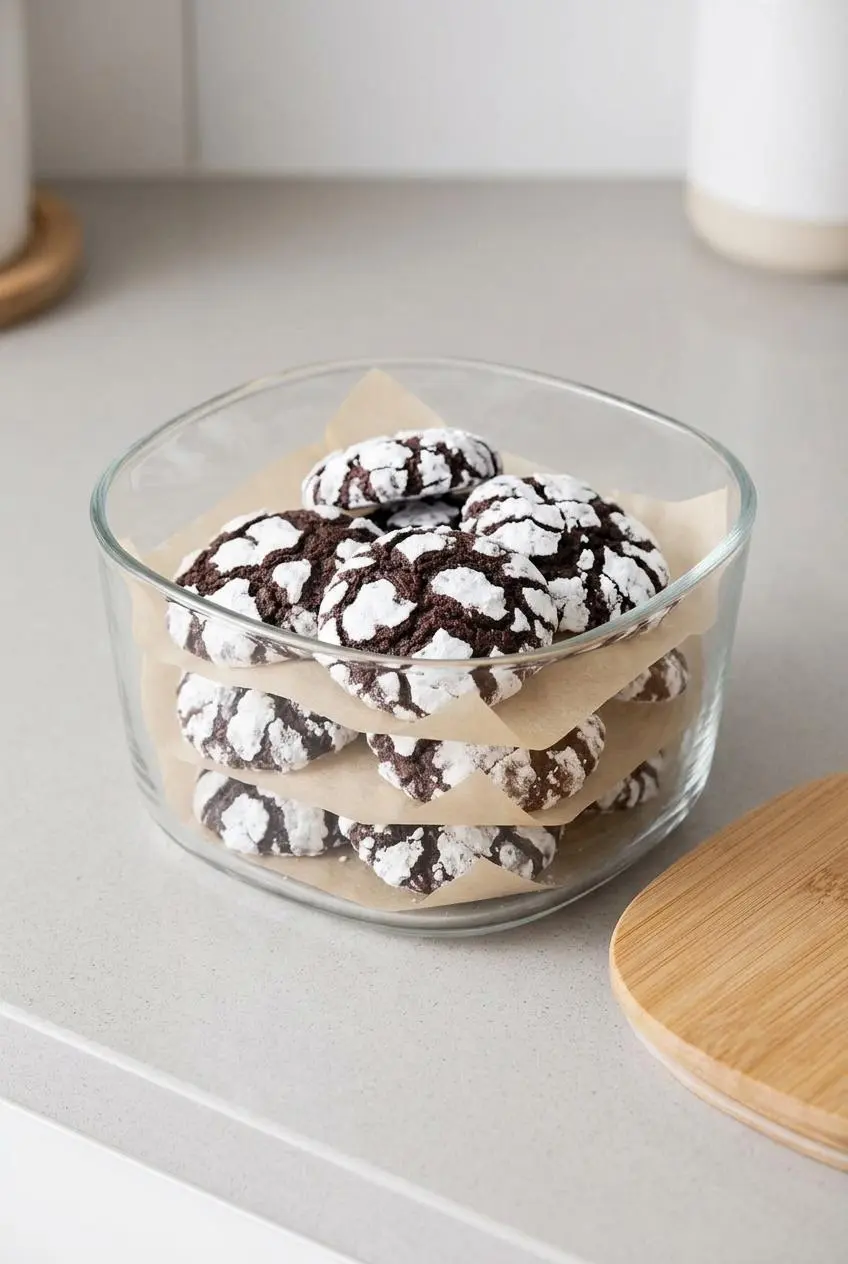Baked chocolate crinkle cookies layered between parchment paper in a glass container.
