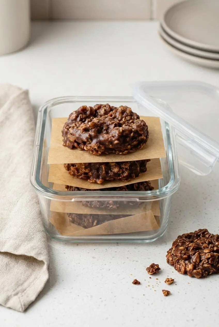 Chocolate peanut butter no bake cookies stacked between sheets of parchment paper in a glass container.