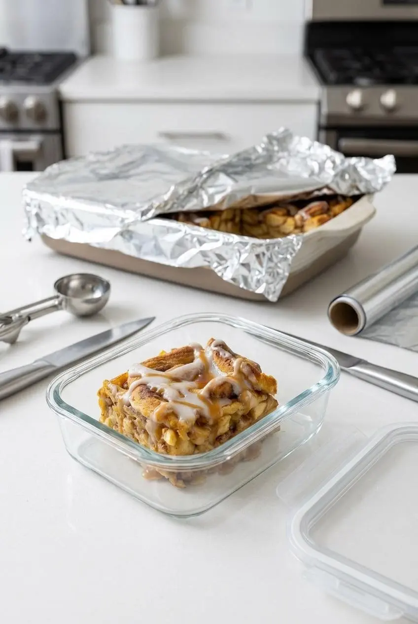 Chilled slice of cinnamon roll apple lasagna stored in an airtight glass meal prep container.