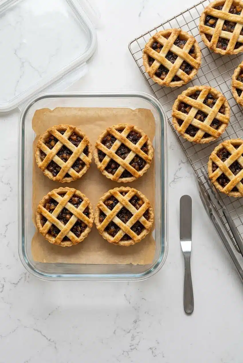 Cooled mincemeat pies on a wire rack ready to be stored in an airtight container.