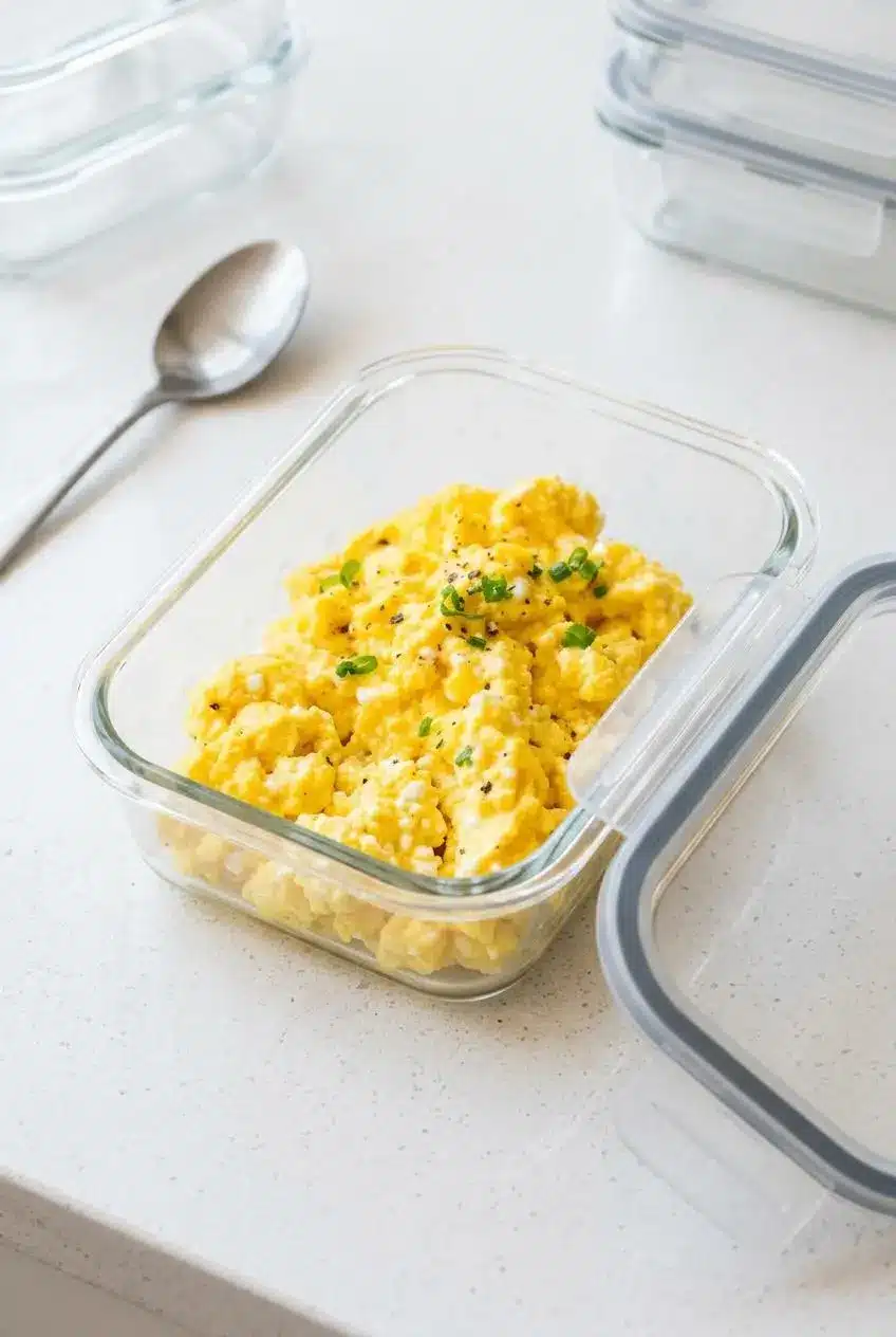 Cooked cottage cheese scrambled eggs packed into a clear glass meal prep container with lid.