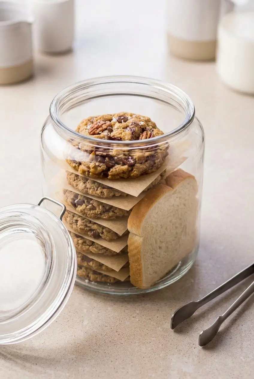 Cooled cowboy cookies layered with parchment paper in a glass storage jar with a slice of bread.
