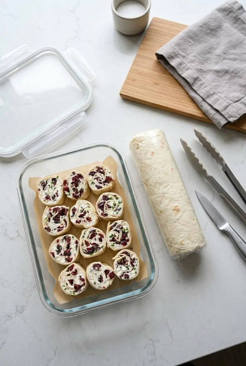 Chilled pinwheels stacked between parchment paper in a glass container next to a plastic-wrapped tortilla log.
