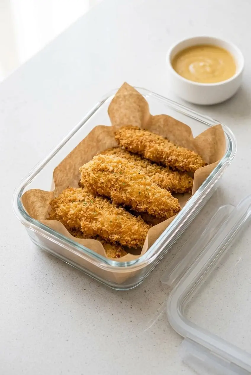 Cooled baked chicken strips arranged in a single layer inside a parchment-lined glass meal prep container.