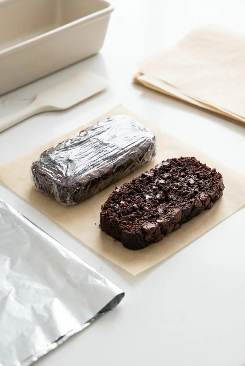 Chocolate banana bread slice wrapped tightly in clear plastic wrap on parchment paper next to aluminum foil.