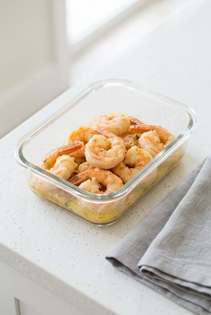 Cooked garlic butter shrimp stored with pan sauce in a clear glass airtight meal prep container