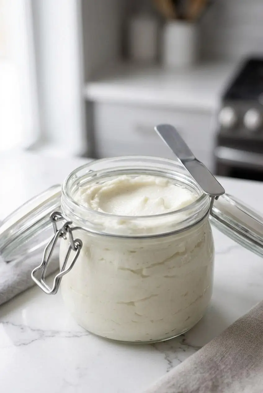 Airtight glass jar filled with fresh white garlic sauce on a kitchen counter.