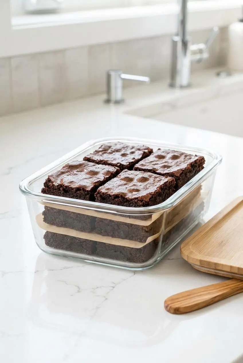 Gluten free brownies layered with parchment paper inside an airtight glass storage container.