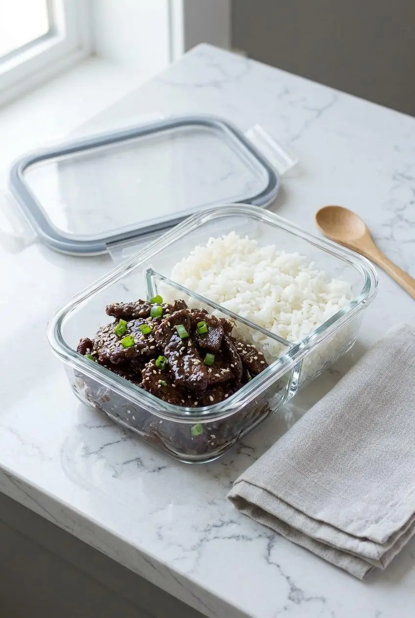 Glass meal prep container packed with beef teriyaki and jasmine rice on a kitchen counter for storage.