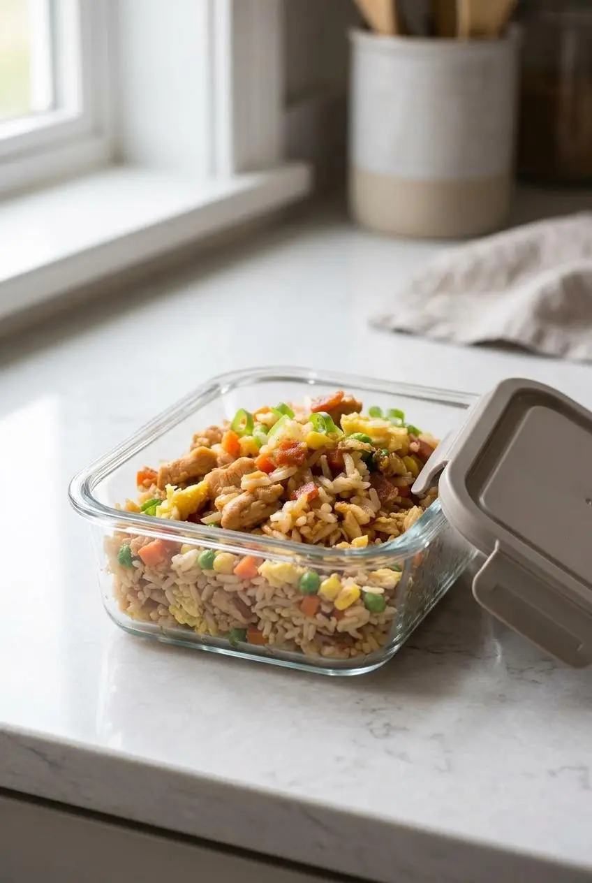 Cooked chicken fried rice packed neatly in a clear glass storage container on a kitchen counter.
