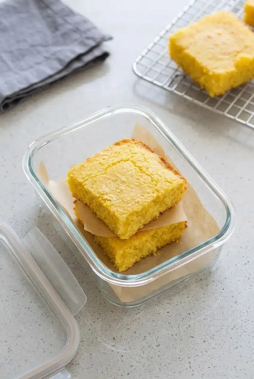 Cut squares of cornbread layered on parchment paper inside an open glass airtight container.