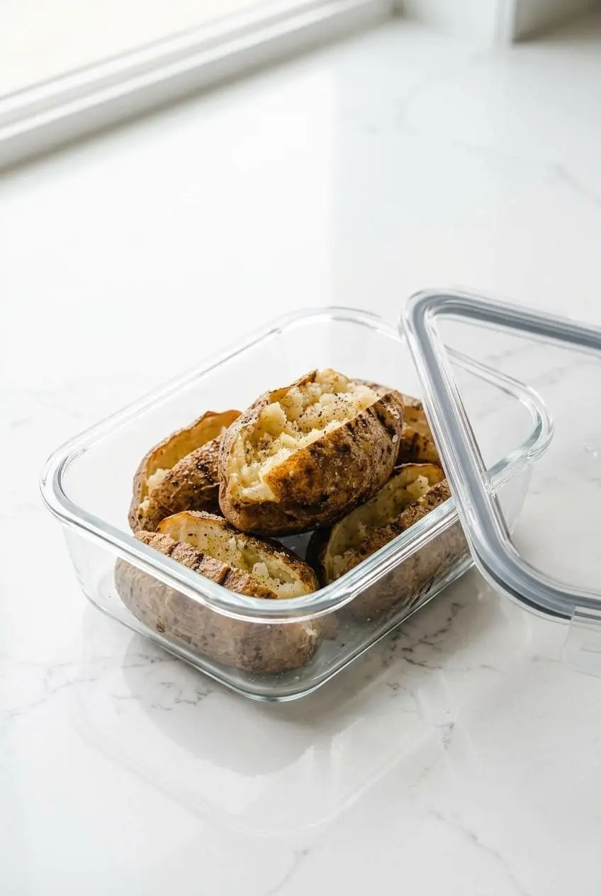 Whole unwrapped grilled potatoes stored in a clear glass meal-prep container on a kitchen counter.