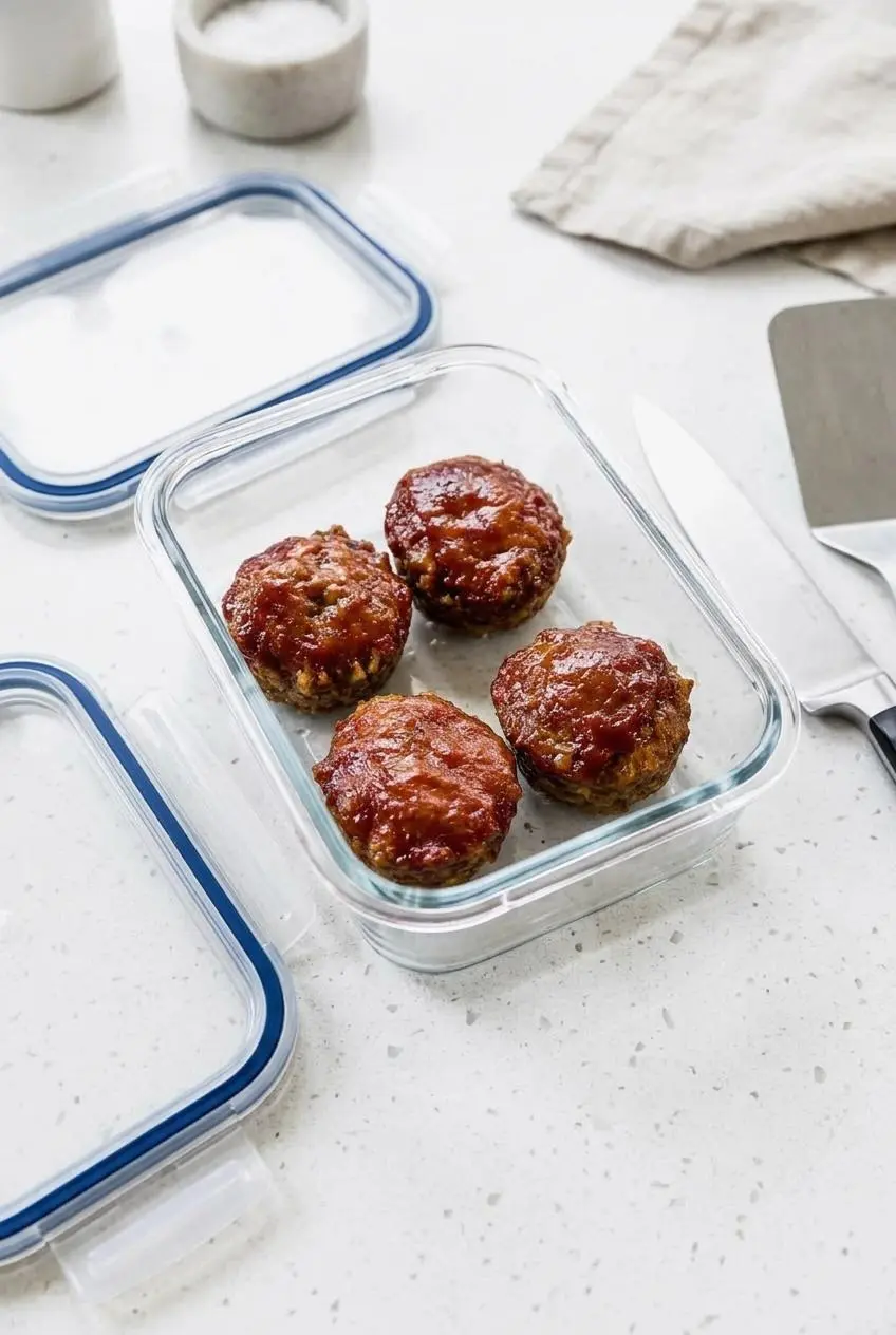 Four cooled mini meatloaves arranged in a glass meal-prep container with a snap lid on a kitchen counter.