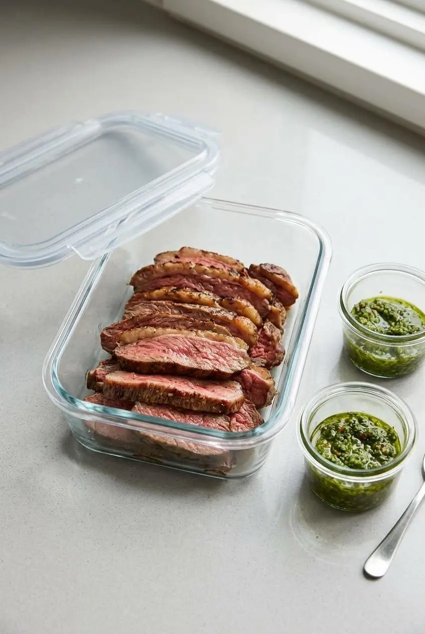 Chilled slices of grilled picanha steak packed in a glass storage container next to chimichurri.