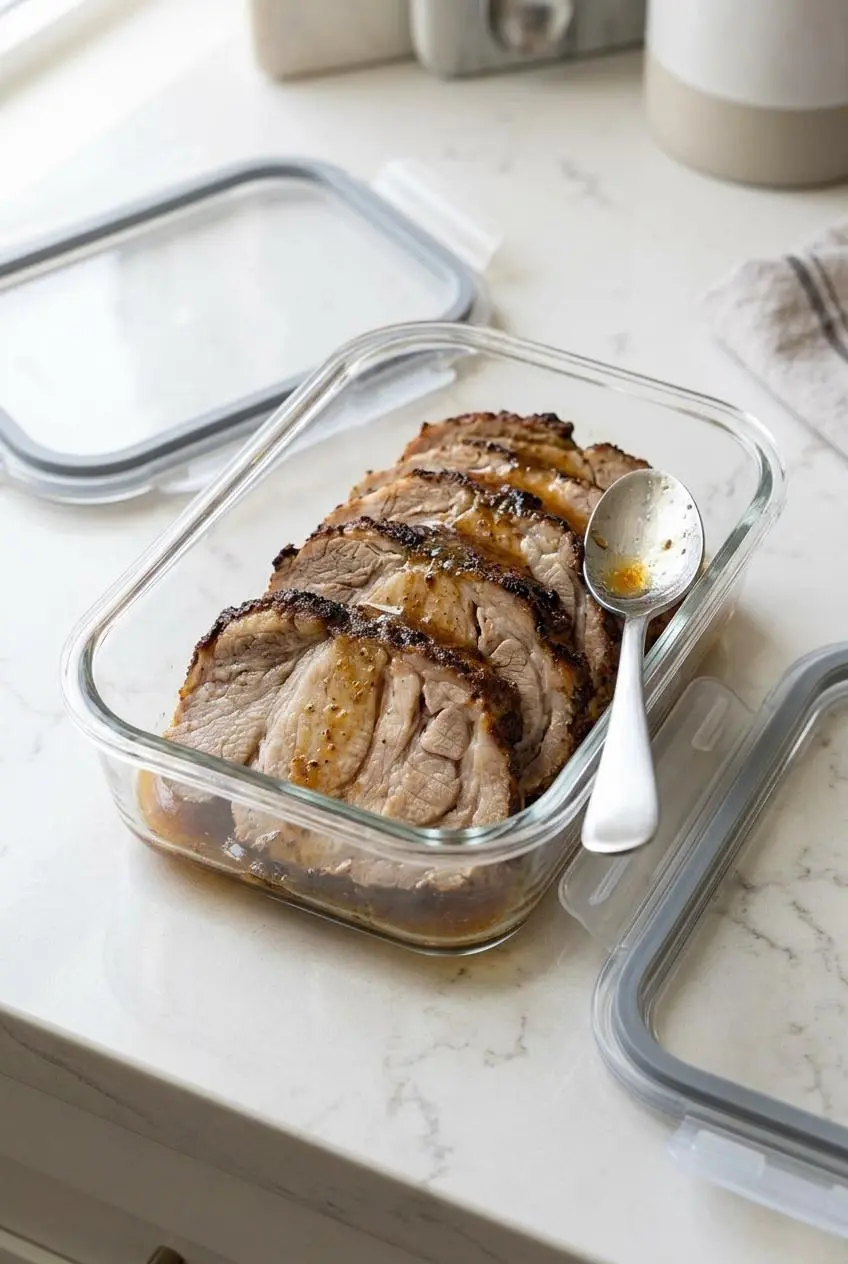 Carved roast pork slices stored in a glass container drizzled with warm pan drippings.