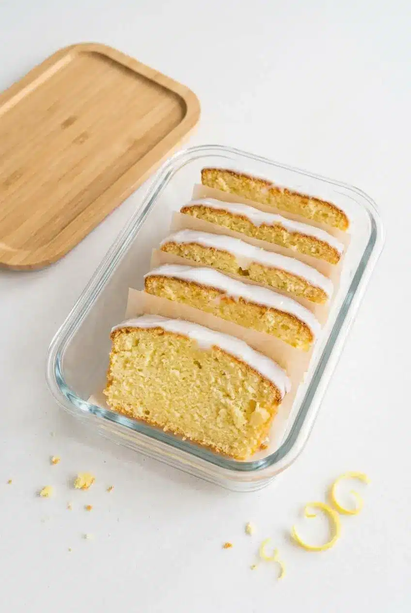 Lemon loaf slices arranged with parchment paper in a glass storage container