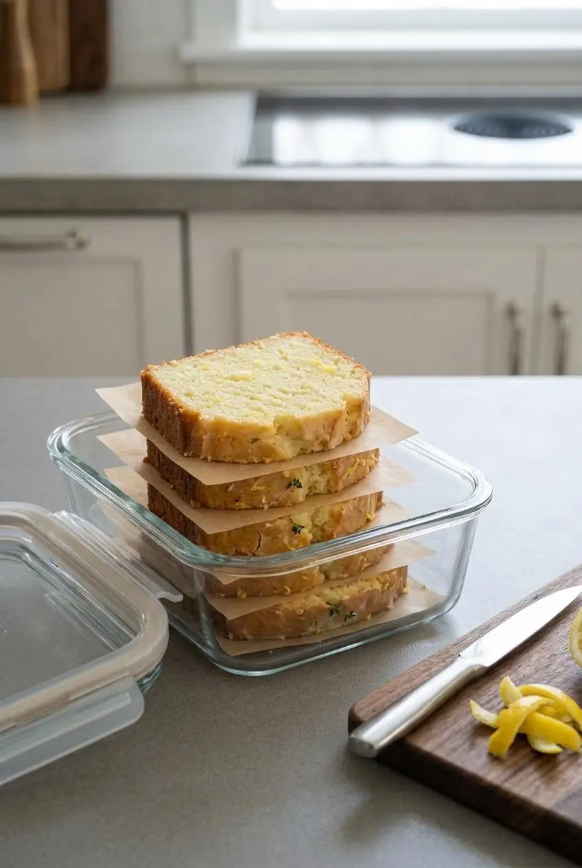 Slices of lemon pound cake separated by parchment paper inside a glass storage container on a counter.