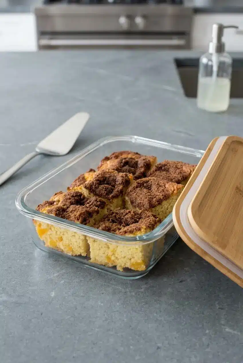 Sliced squares of mango coffee cake neatly arranged in a glass storage container on a kitchen counter.