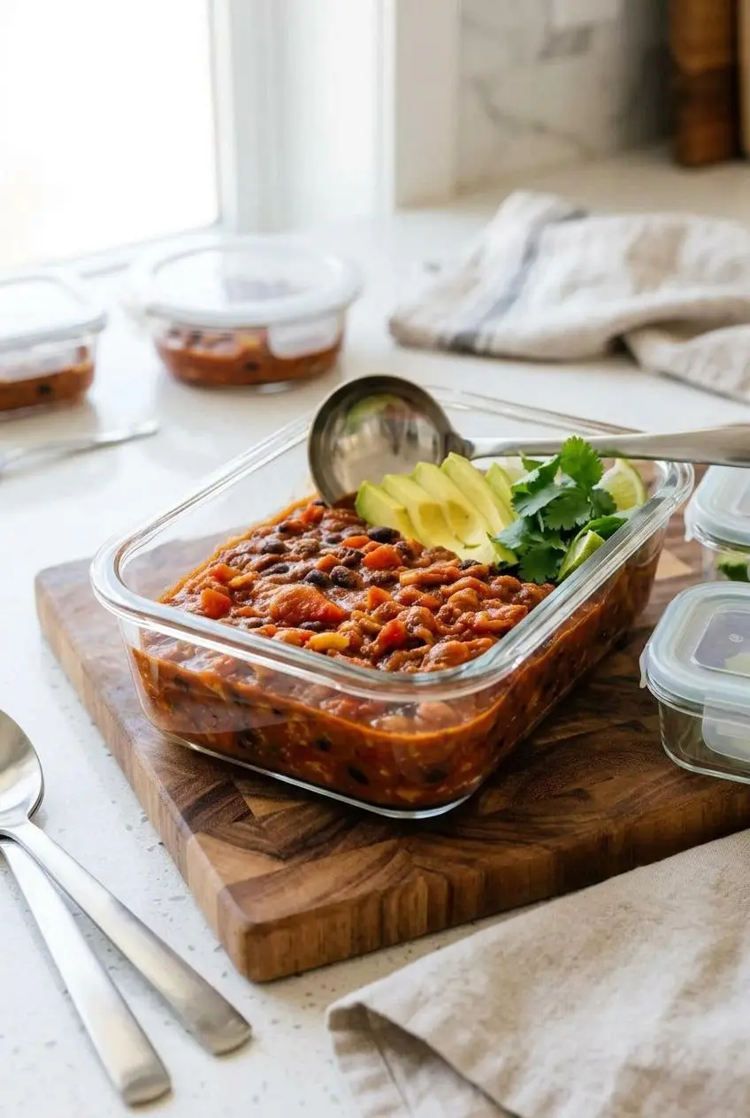 Glass meal prep container filled with cooled meatless chili on a clean quartz countertop.