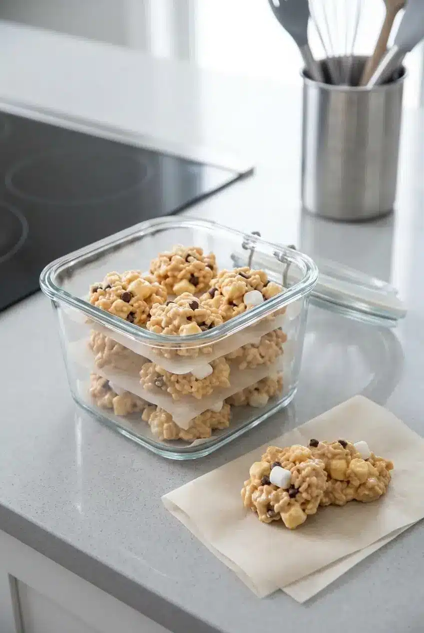 Glass airtight container packed with avalanche cookies separated by sheets of wax paper.
