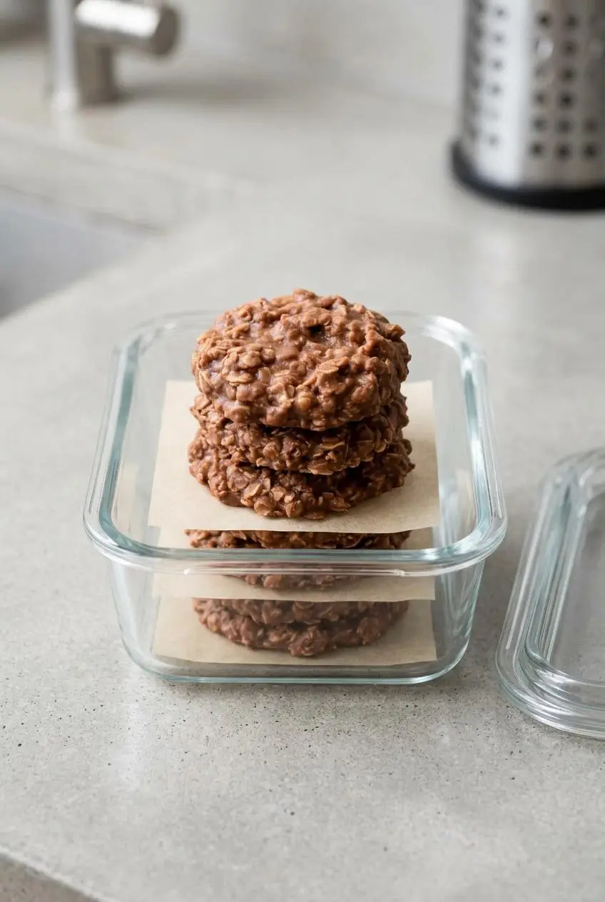 Chocolate peanut butter no-bake cookies layered with parchment paper in a glass storage container.