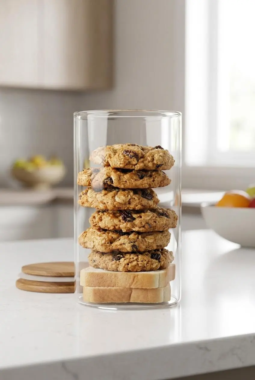 Chewy oatmeal cookies stacked in a tall glass airtight jar with a slice of bread at the bottom.