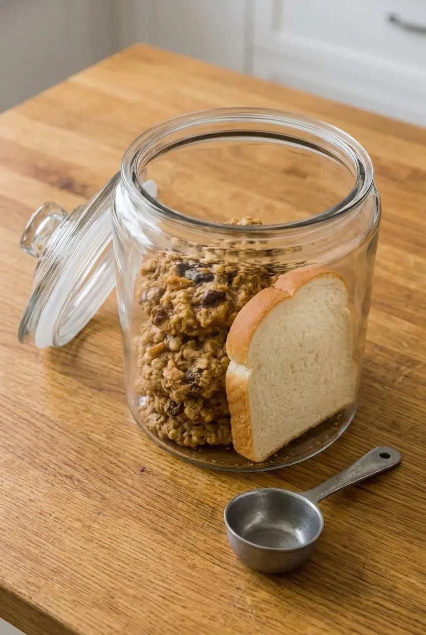 Glass storage container holding stacked oatmeal raisin cookies alongside a fresh slice of white bread.