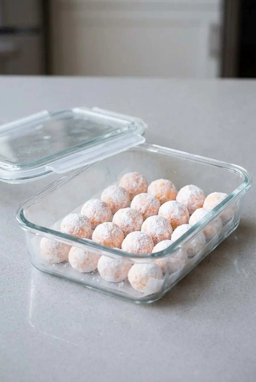 Rectangular glass storage container lined with wax paper holding an organized grid of powdered truffles.