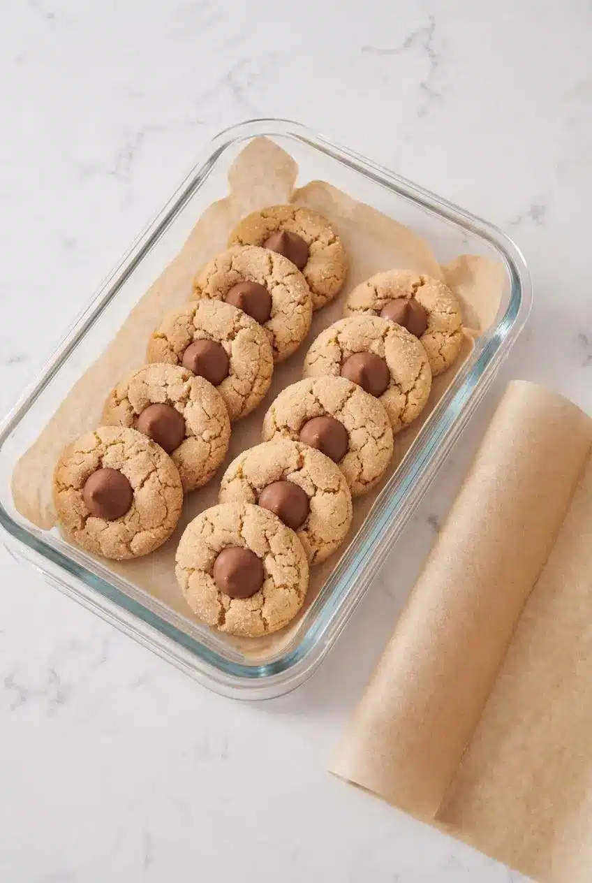Cooled peanut butter blossom cookies arranged in a single layer inside a parchment-lined glass storage container.